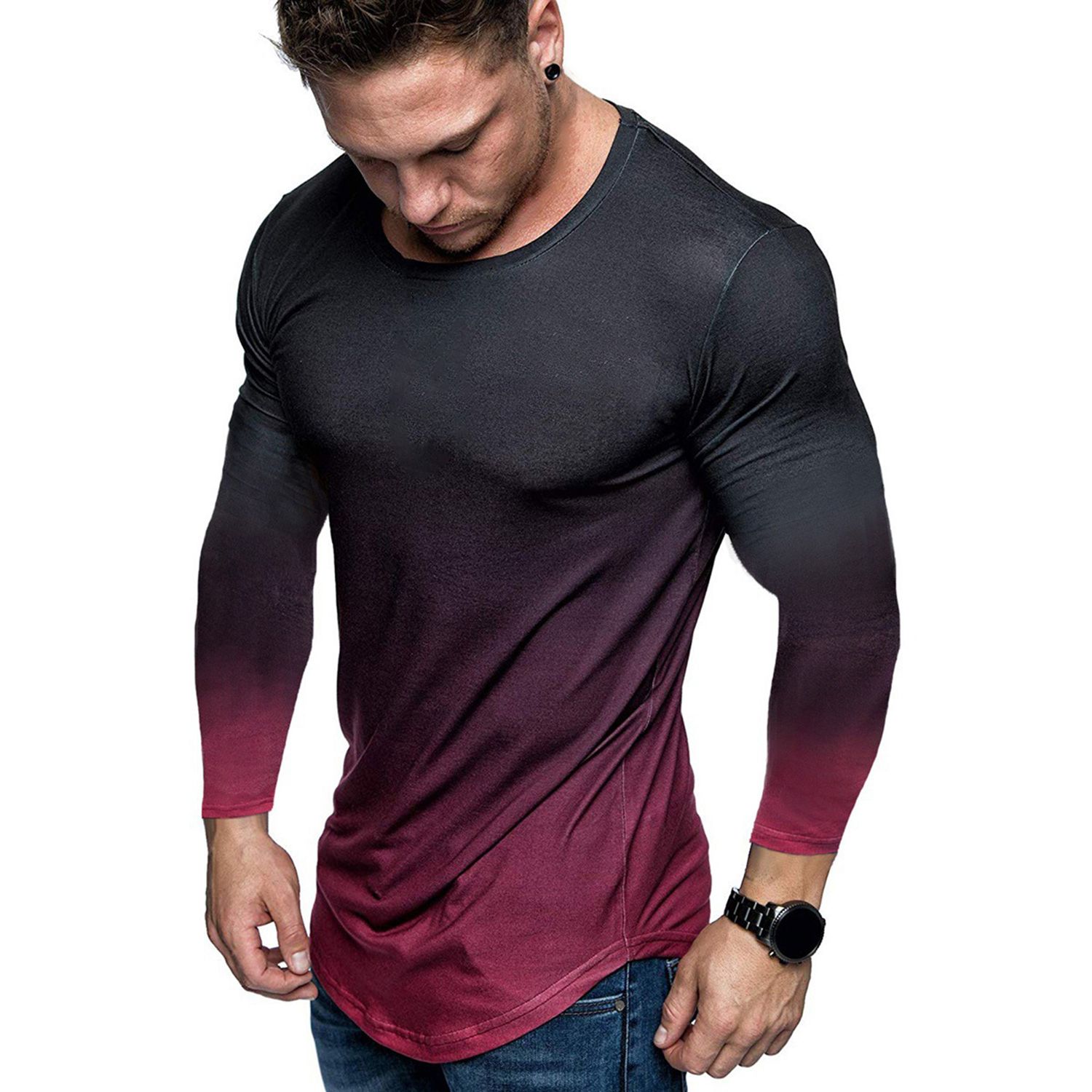 Men T-shirt Gradient Print Crew Neck Quick Dry Shirt