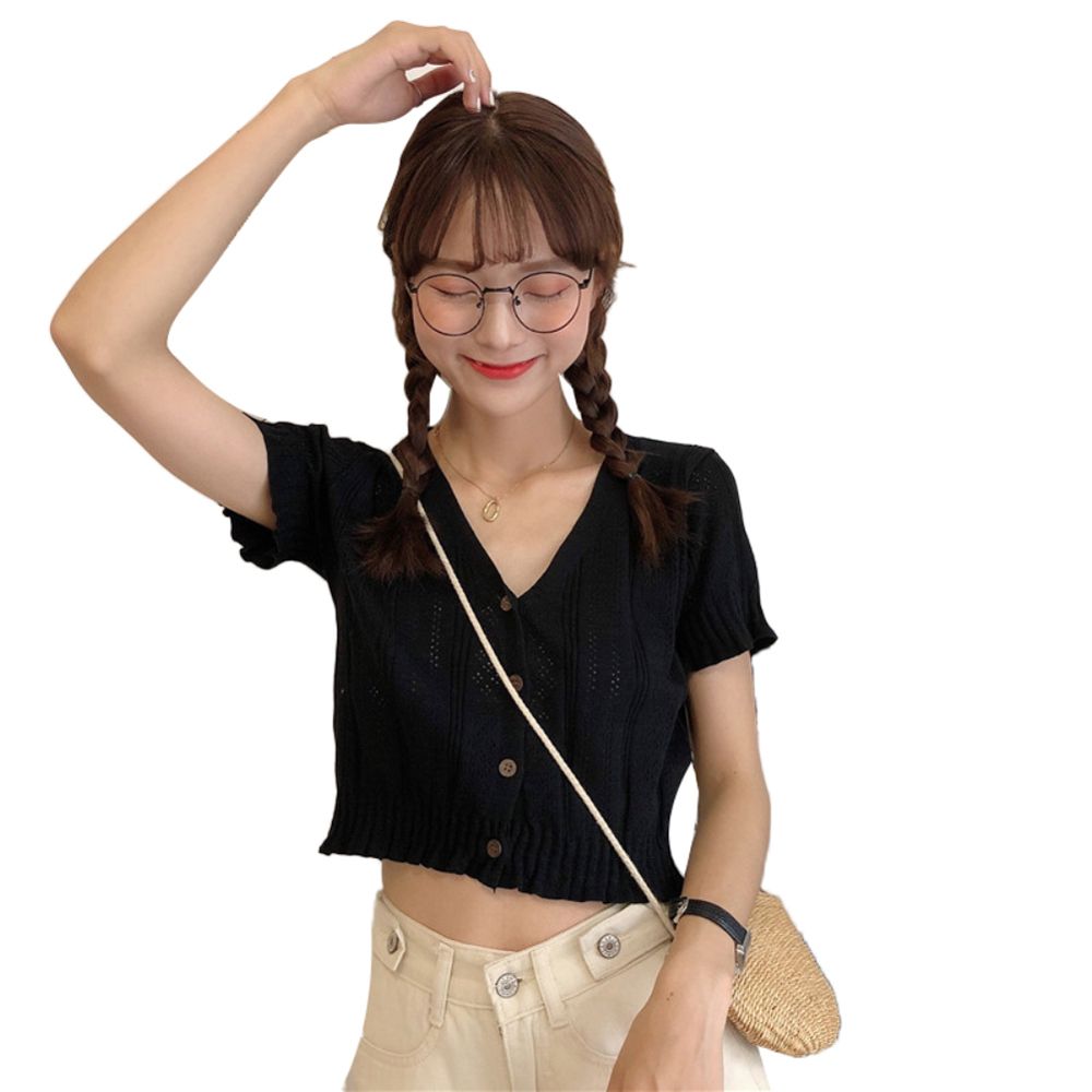 Women Short Sleeve V Neck Hollow Out Button Up Thin Knit Top