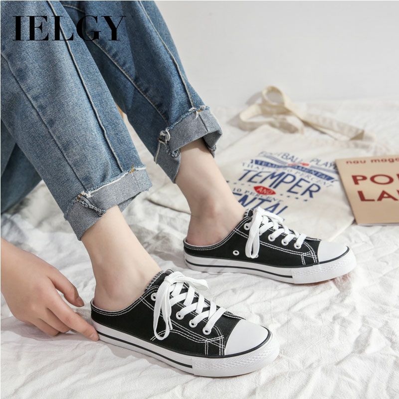 IELGY spring / summer half-toe canvas shoes female white shoes Korean version without heels one pedal lazy shoes wild tide shoes