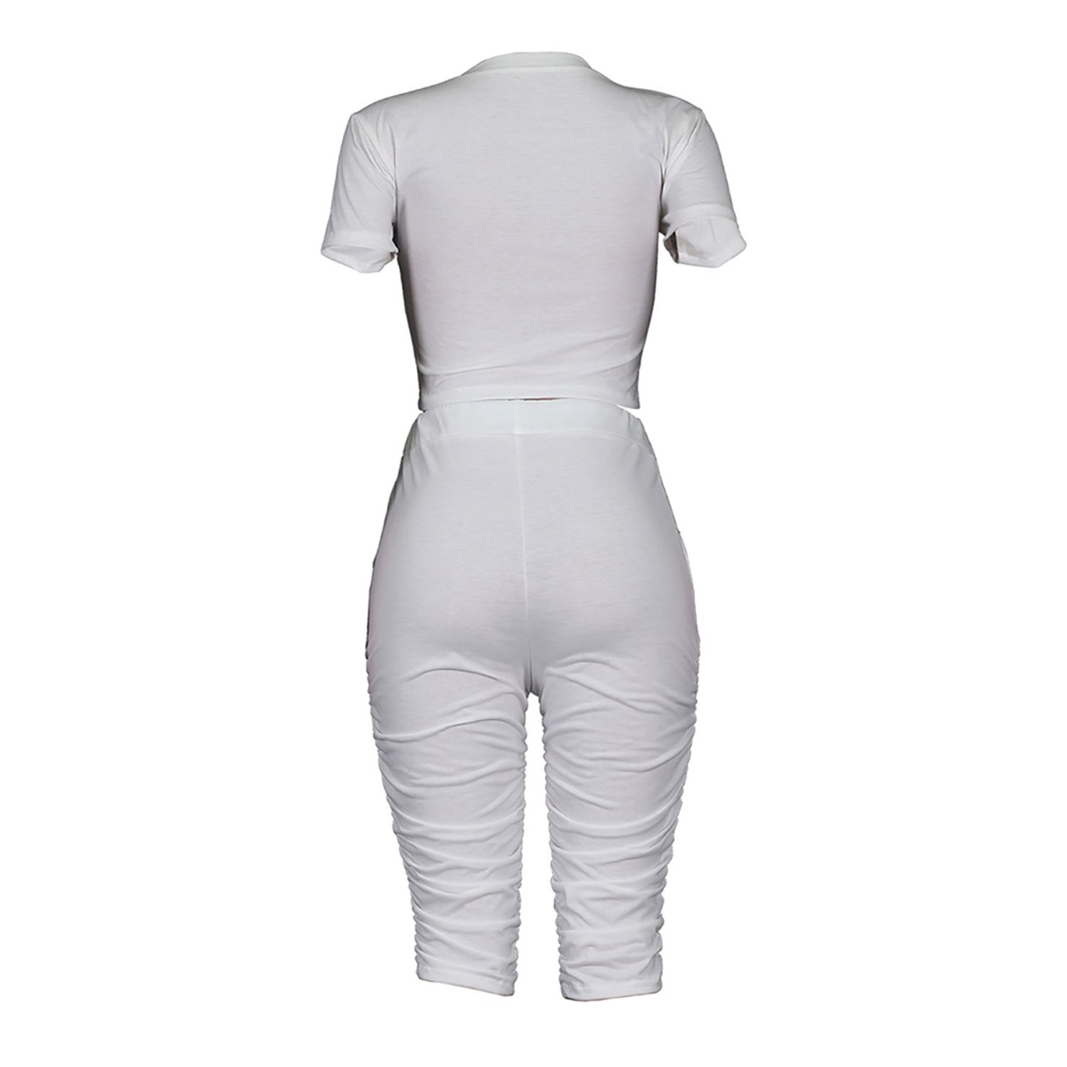 Women's Cropped Top, Lace-up Pants Suit, Short Sleeve Round Color Side Pleats Casual Sports Clothes