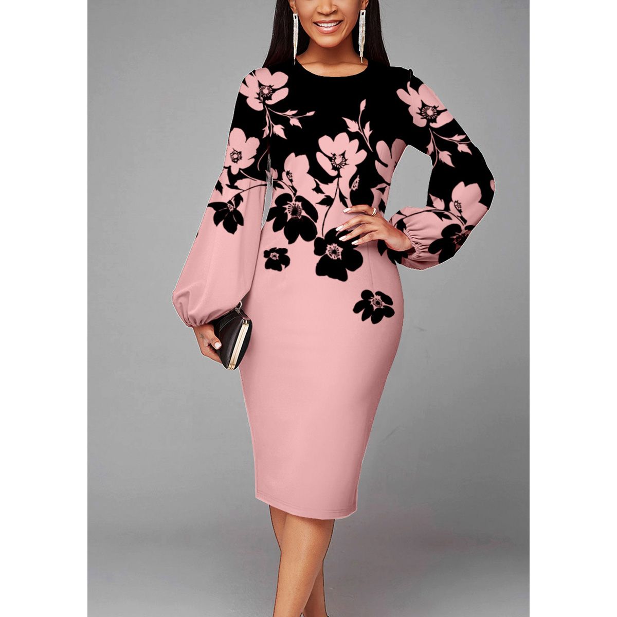 Women Dress 2022   Floral Print Lantern Sleeve Dresses Autumn Winter Elegant Ladies Midi ChristEvening Party Dress Outfits