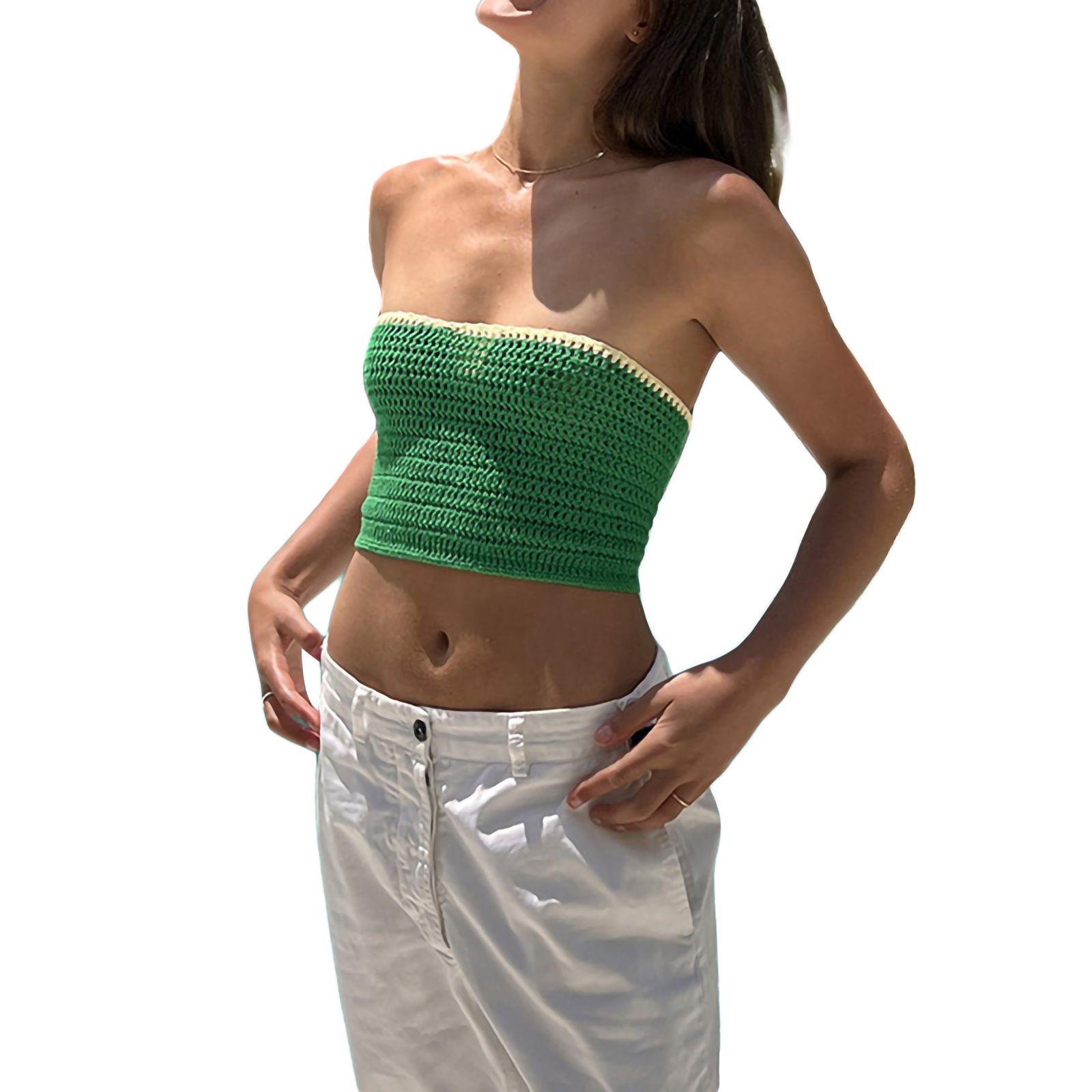 Women Summer Knit Tube Tops, Strapless Back Tie-Up Sleeveless Vest Slim Show Navel Tank Tops
