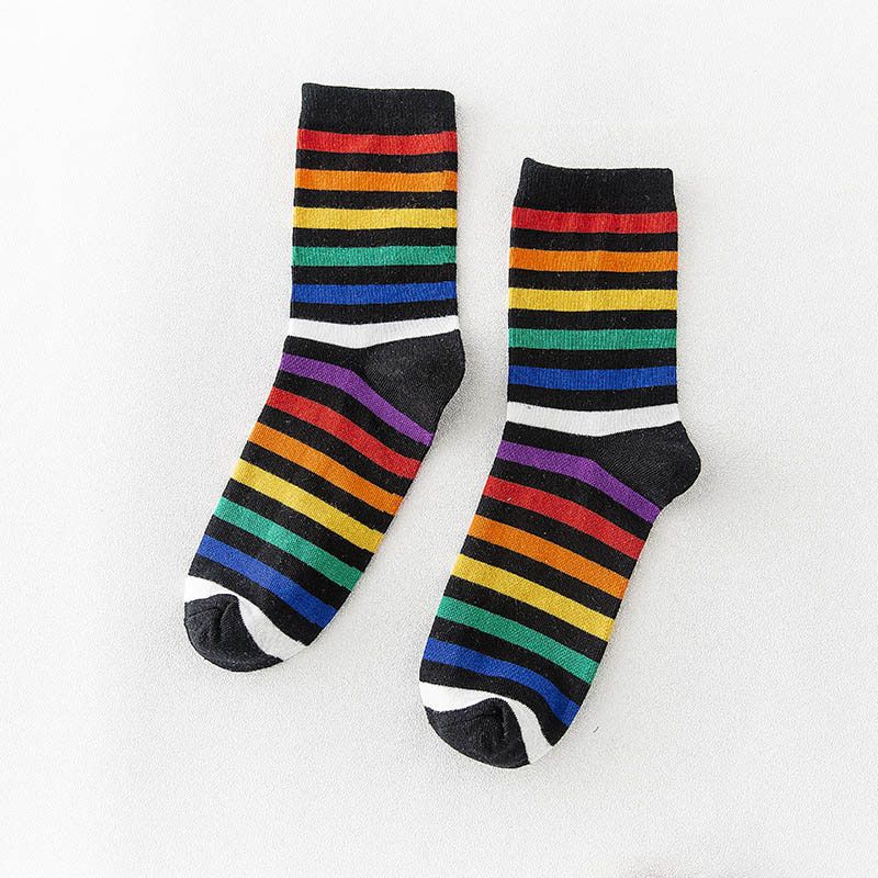 [COSPLACOOL]Rainbow Socks Cotton Korean Short Tube Sokken College Stripe Socks Women Girls Funny Colorful Meias Calcetines Mujer