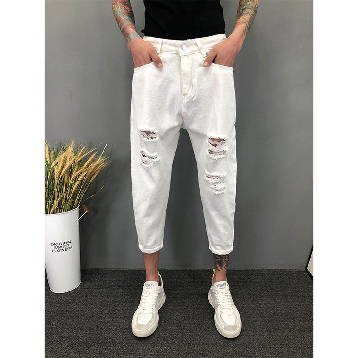 Mens Jeans Big Holes Zipper Cotton Loose Softener Mid Casual Cropped Harem Trousers Tie-Ankle ons Denim Pencil Pants