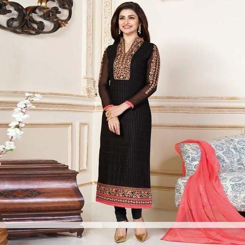 Unstitched Black Cotton Unstiched Block Printed Salwar Kameez For Women