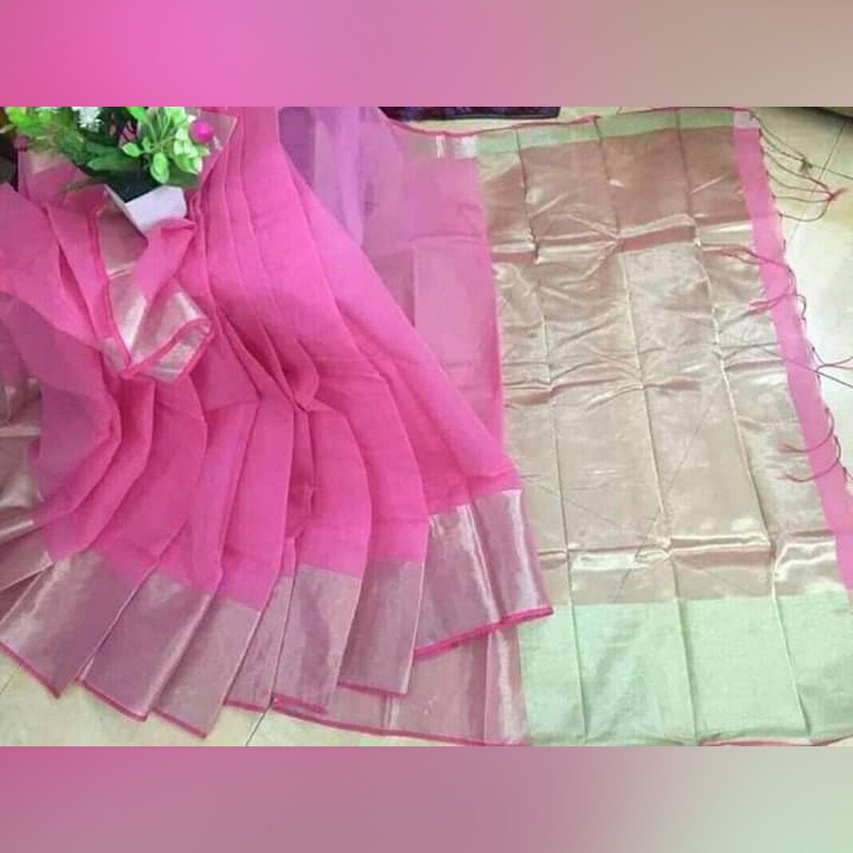 Pink Half Silk Tangail Tat Saree Without Blouse Piece For Women