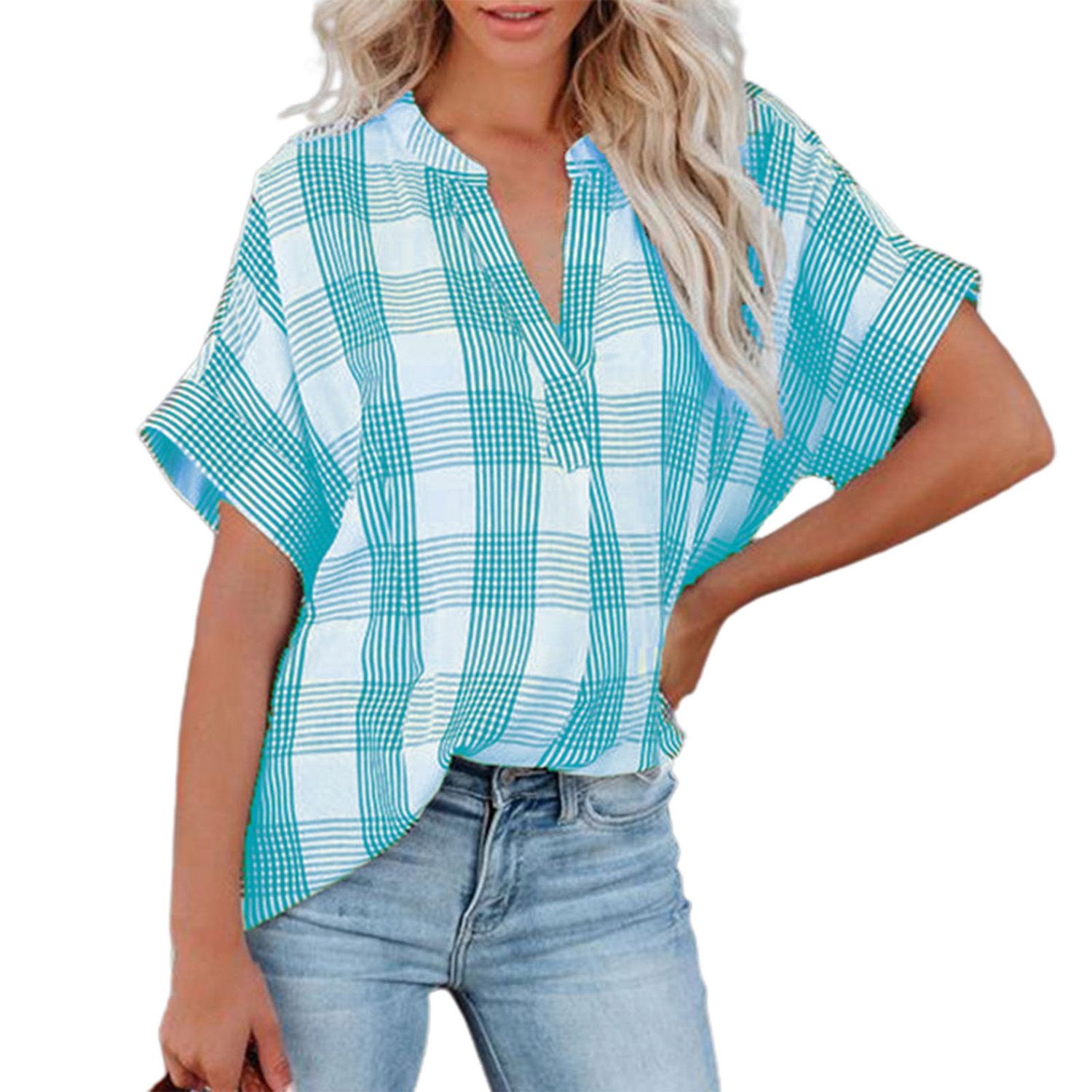 Women Blouse Short Sleeve Tament Checkered Pattern Shirt
