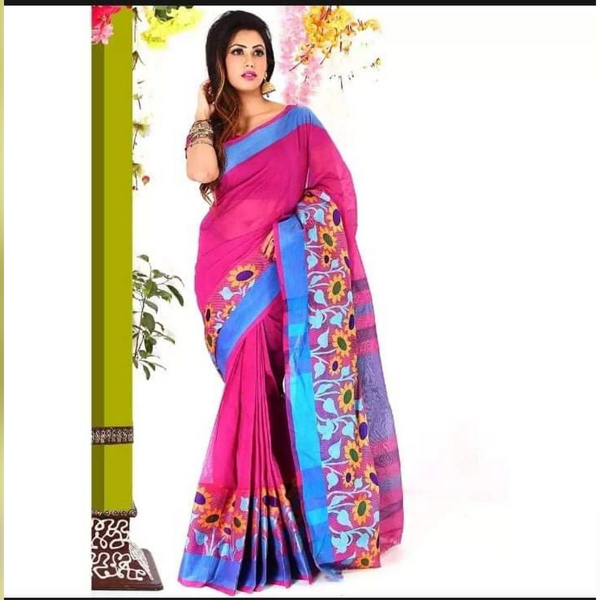 Fashionable Multicolor Cotton Saree Tangail Tant With Blouse Piece For Women
