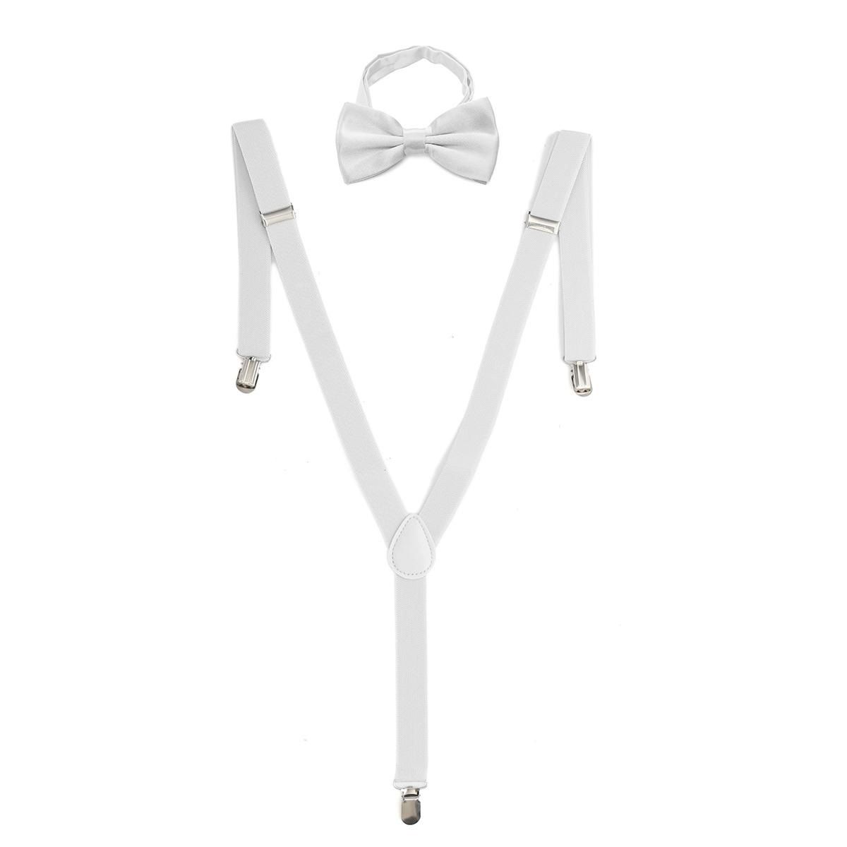 Mens Clip-on Suspenders Elastic Adjustable Y-Back Braces Fashion With Bow Tie Suit Set - white