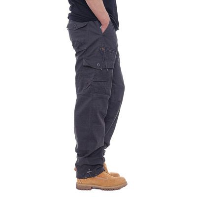 ple cotton overalls men's casual pants elastic waist plus size pants multi-pocket slacks site pants