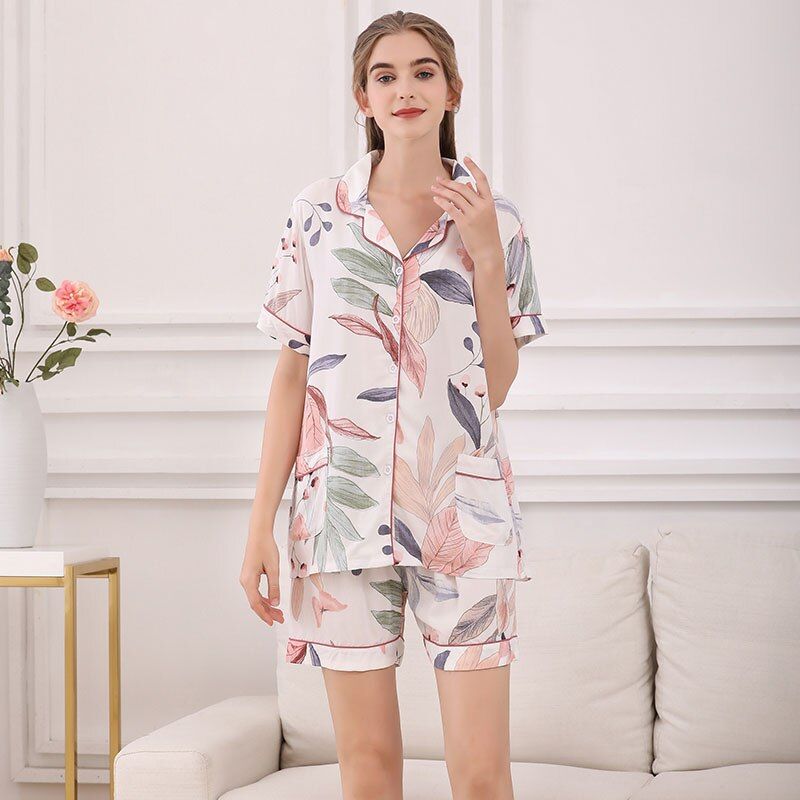 2Pcs Pajamas Set Women Simple Style Sleepwear  Summer  Floral Printed Turn-down Collar Top+Shorts Comfort Homewear Set