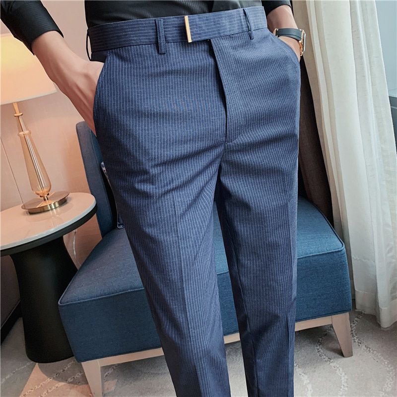 2022 Autumn Casual Business Men Stripe Pants Fashion Slim Fit Long Trouser For Men's Mid Waist  Design Pants Spring Streetwear