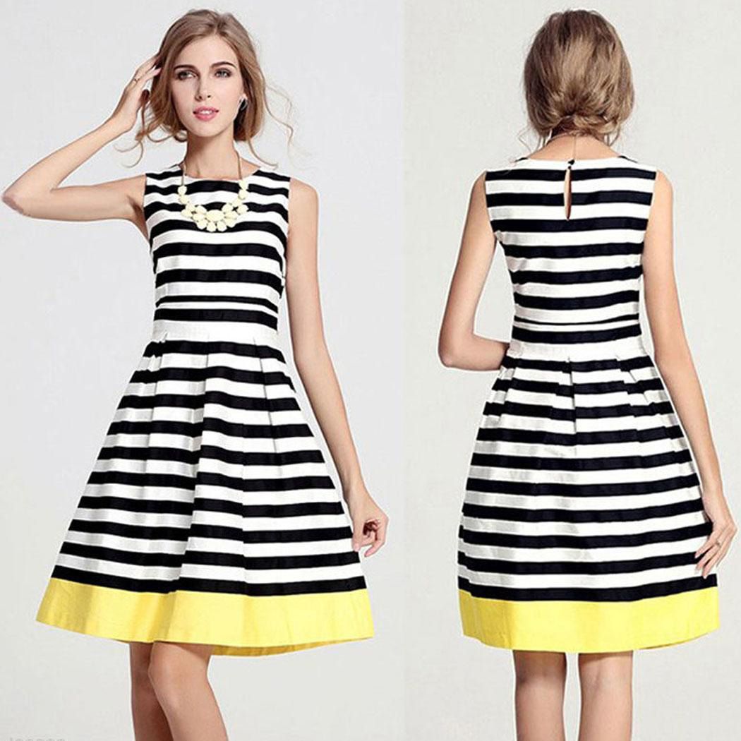 Fashion Women Sleeveless High Waist Striped A-Line Flare Fit Dress Sundress