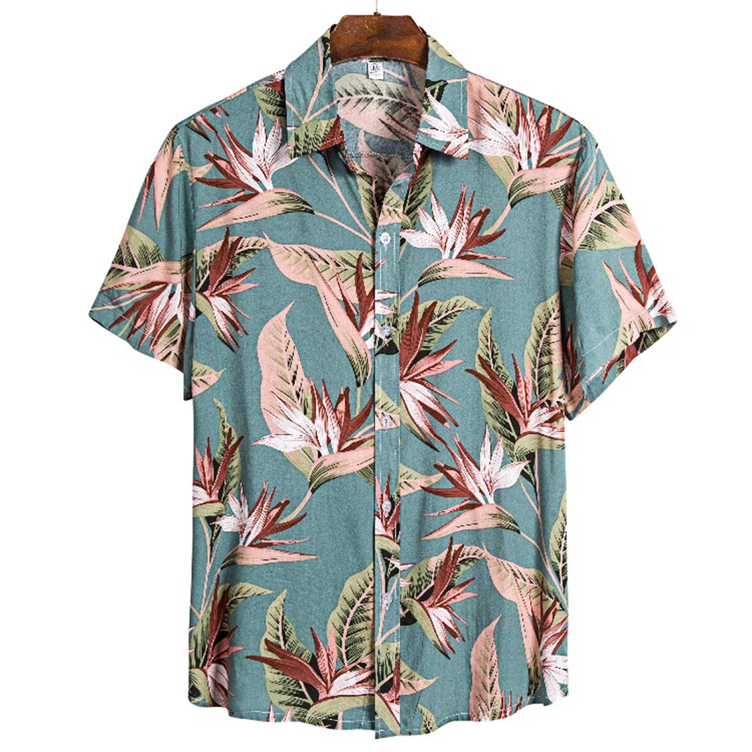 Men Shirt Floral Print All Match Summer Short Sleeve Lapel Top for Beach