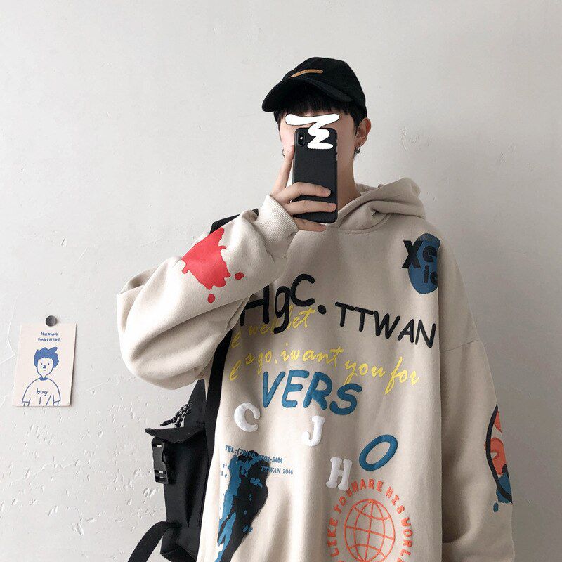 LUCKY ME I SEE GHOSTS Letter Print Sweatshirt Men Kanye West Graffiti Fleece Winter Hooded Hoodies  Hop Long Sleeve Coats