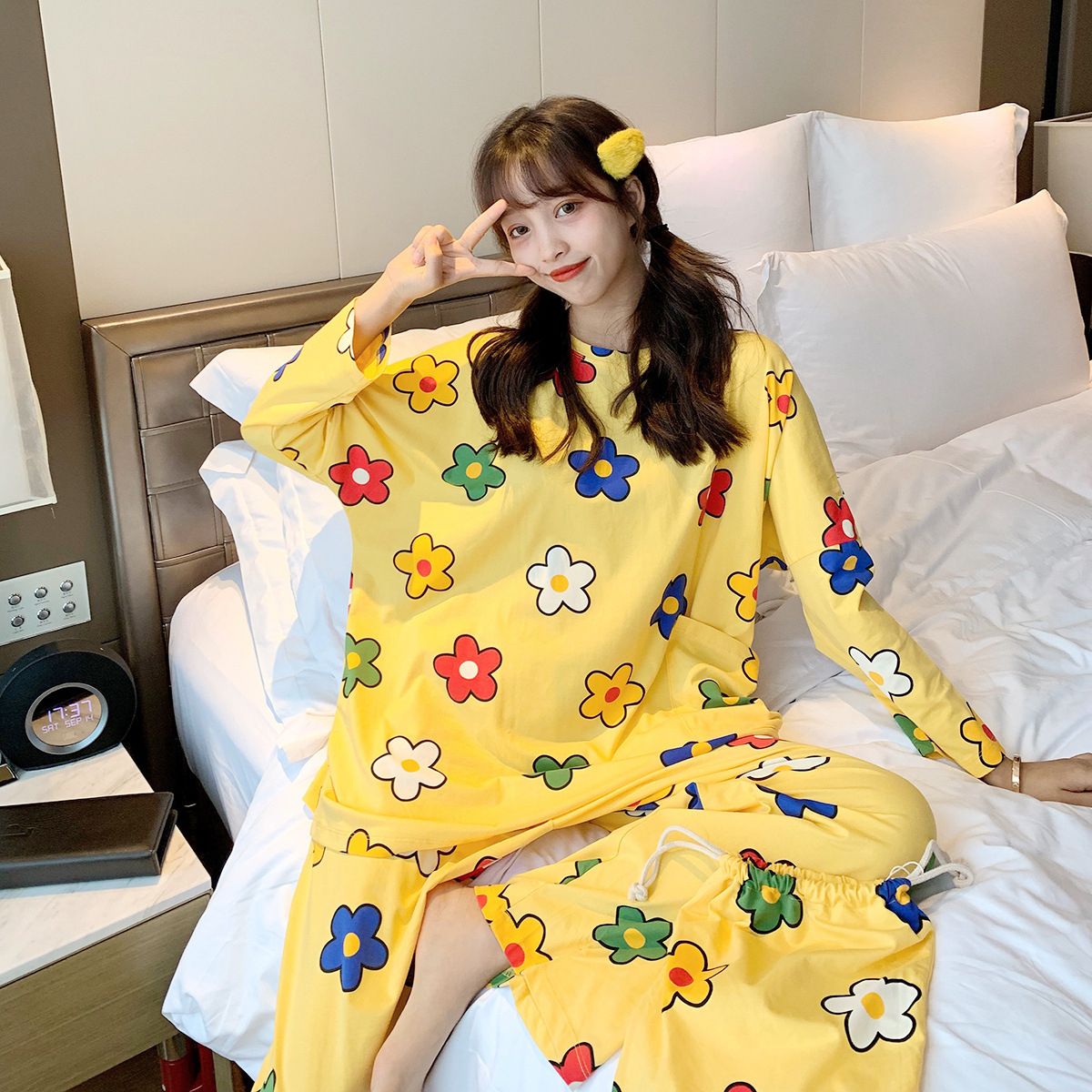 Women Casual Floral Print Sleepwear Set Two Piece Pajamas Tops with Long Sleep Pants