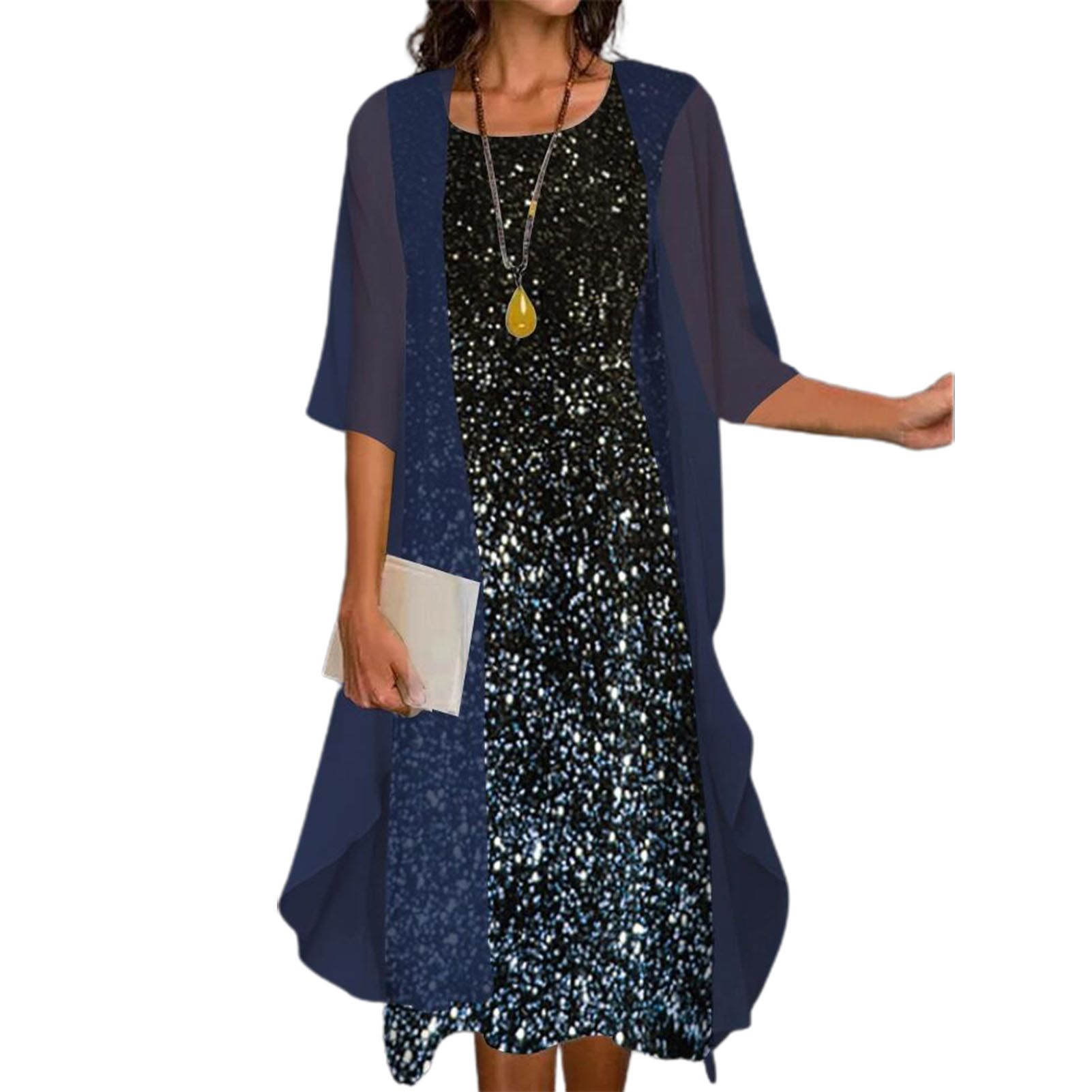 Summer Dress Round Neck Summer Lady Casual Print Dress Solid Color Shawl Set