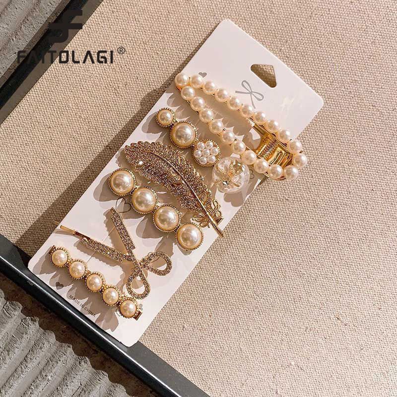 5Pcs/Set Pearl Women Hair Clips Rhinestone Elegant Girls Hairpins Barrettes Flower Feather Ladies Hair Accessories