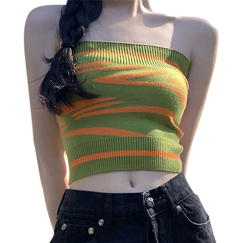 Women Strapless Tube Tops, Knitted Striped Off-Shoulder Sleeveless Crop Tops Streetwear for Ladies, Green