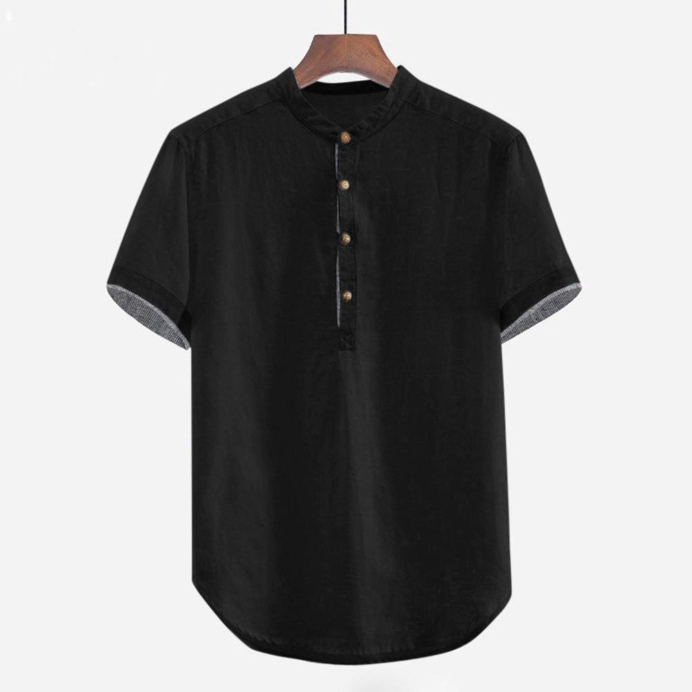 Men's Baggy Solid Cotton Linen Short Sleeve Button Plus Size T Shirt Tops Blouse