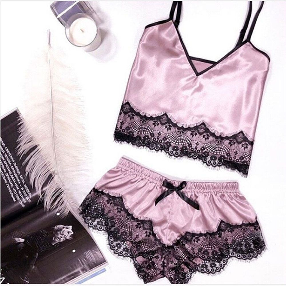 Spring Womens y Sleepwear Set Satin Sling Sleepwear Lingerie Lace Bowknot Nightdress Underwear