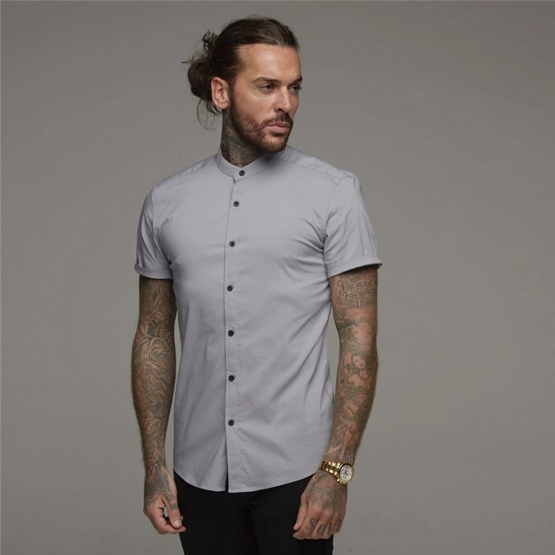 Summer Casual Solid Slim Fit Short Sleeve Shirt Men Business Social Dress Shirts Mens Fashion Stand Collar Gym Sports Jerseys
