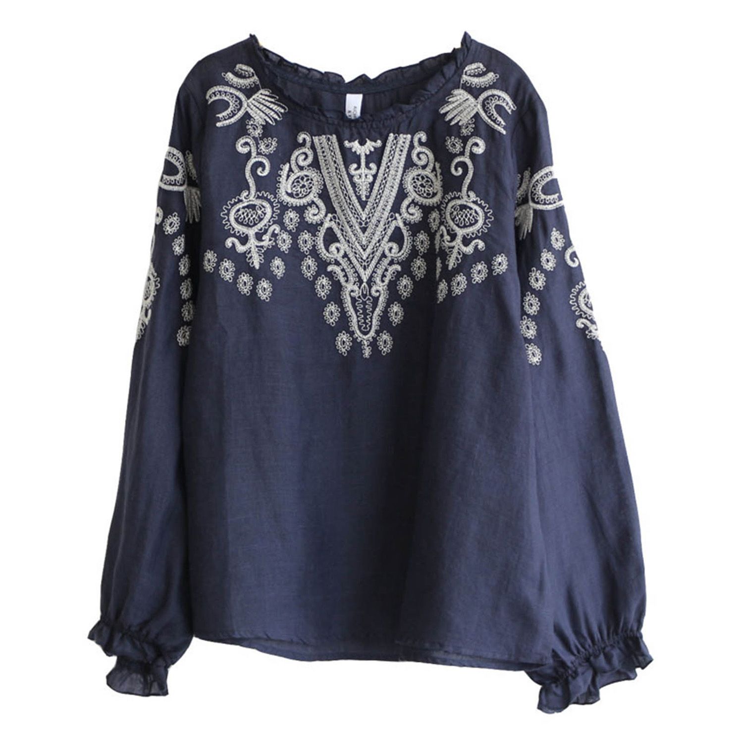 Vintage Blouse Elastic Cuffs Ethnic Style Embroidery Pattern Blouse