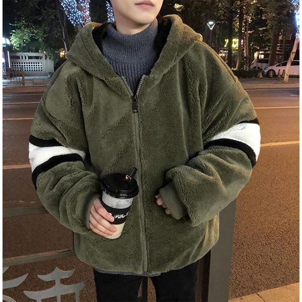 lamb wool cotton jacket men's coat Korean fashion handsome plus velvet padded loose bf stucasual cotton jacket men