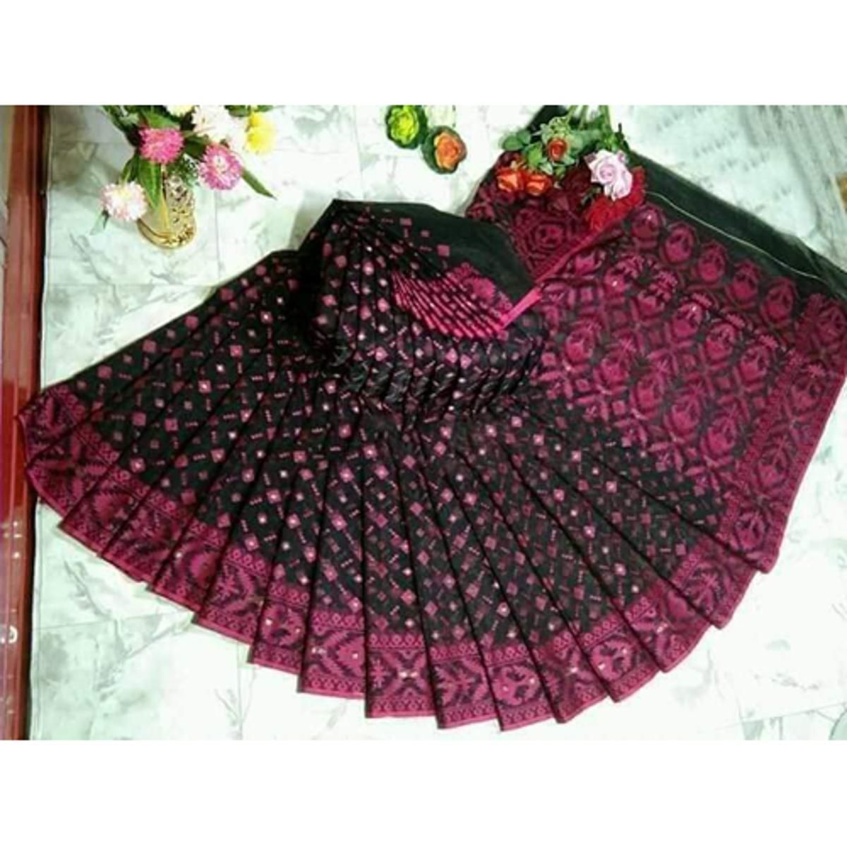 Multicolor Soft Quality Pure Half Silk Tangail Jamdani Saree With Blouse Piece For Women