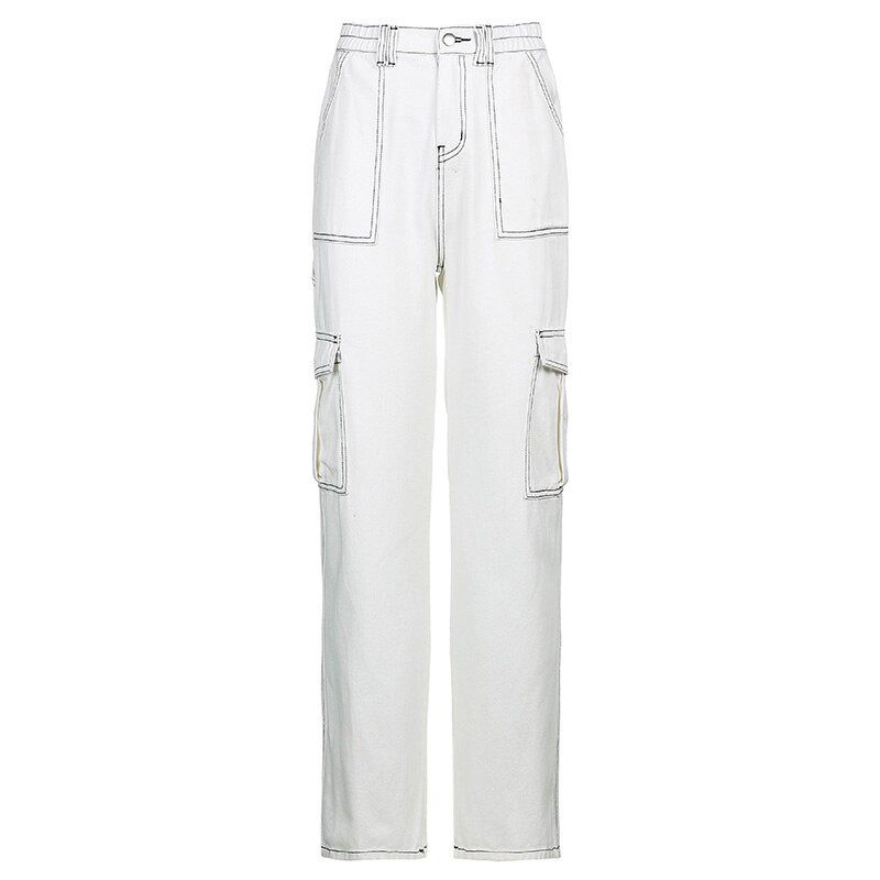 White Thread Black Cotton Jeans Women Casual Loose Straight Long Trousers Ladies Punk Fashion Pants Capris