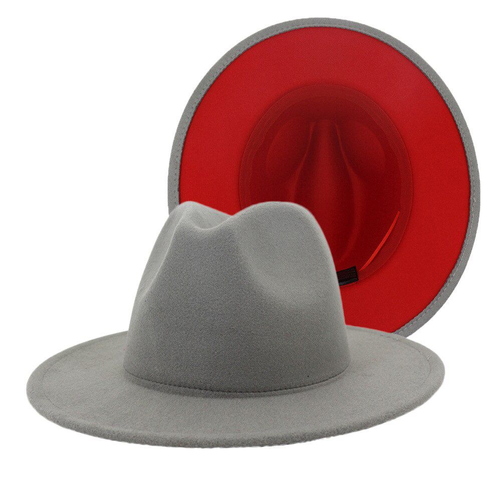 Fashion Grey Red Patchwork Felt Hat Men Wide Brim Imitation Wool Jazz Fedora Hats Trilby Cap Trend Gambler Hat
