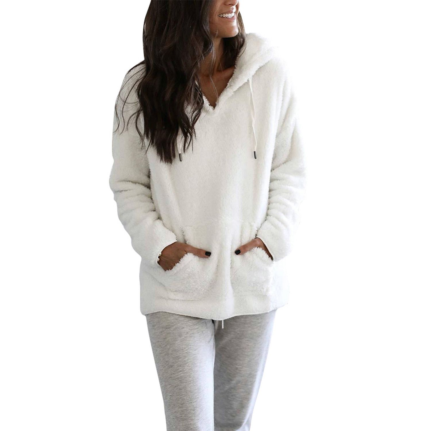 Women’s Casual Long-sleeved Sweater Fashion Plush Solid Color Round Neck Loose Hooded T-shirt