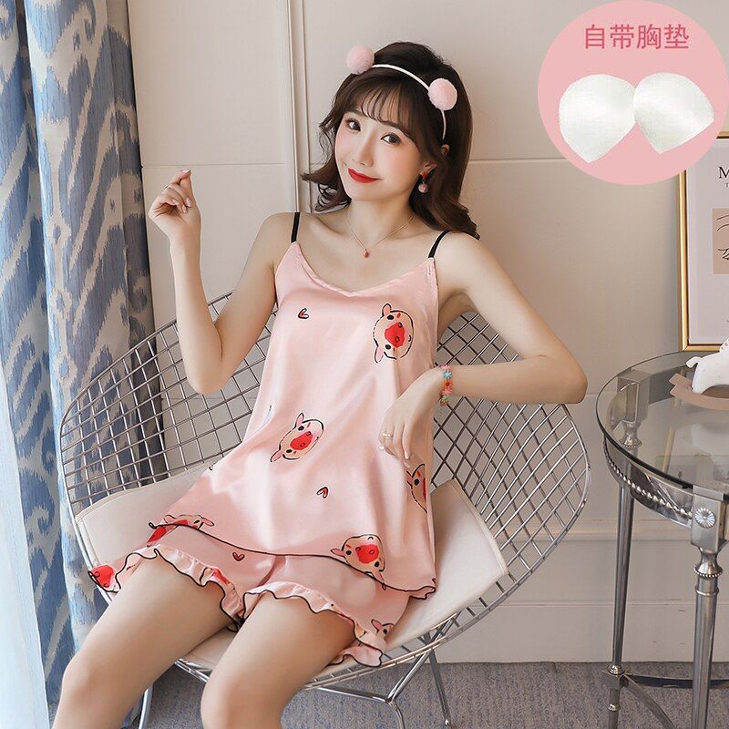 Cartoon Print Lovely Sleepwear Home Suit Summer V Neck Sleeveless y Pyjamas Womens Two Piece Silk Pajamas Set with ChPad
