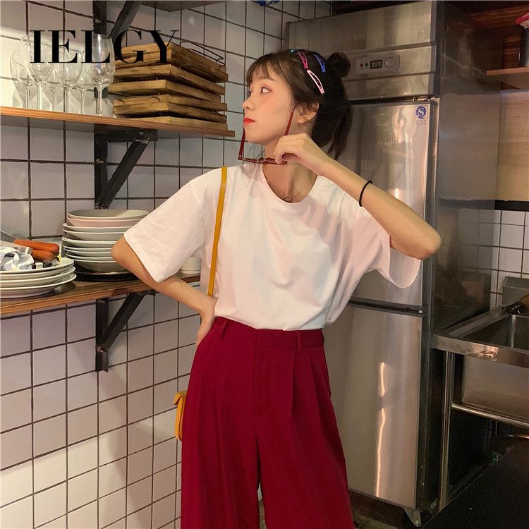 IELGY solid color round neck short sleeve t-shirt women loose all-match