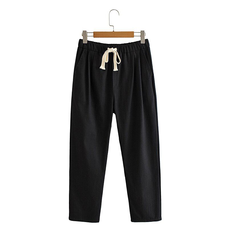 Fashion Women Cotton Linen Crop Pants Trousers Strethy Waist Pockets Female Pants AI30