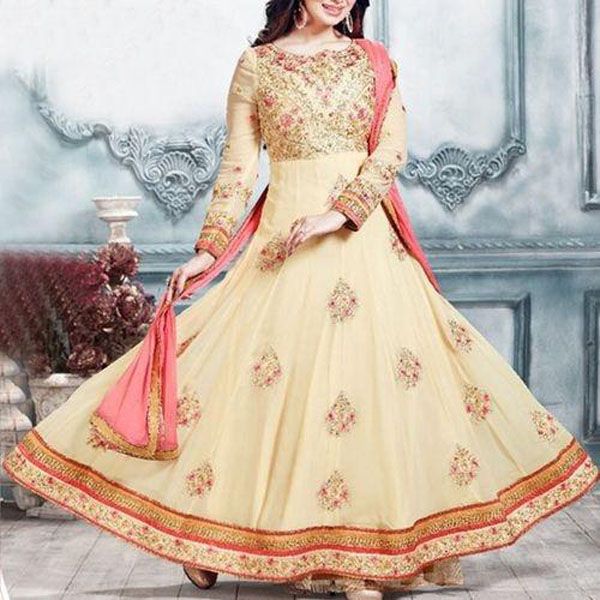 Corn  Silk  Semi-Stitched  Georgette  Gown  For  Women