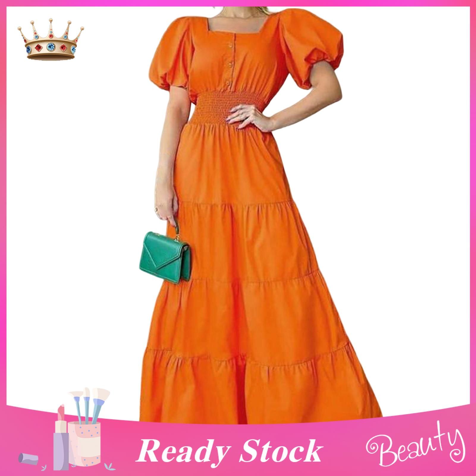 Party Dress Solid Color Short Sleeve Loose Hem Maxi Dress