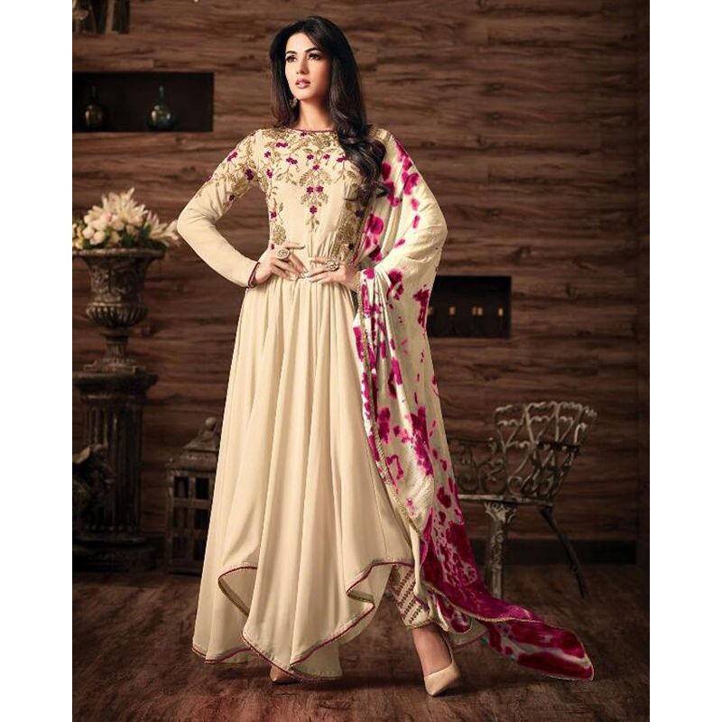 Bisque  and  Purple  Semi-Stitched  Georgette  Gown  for  Women