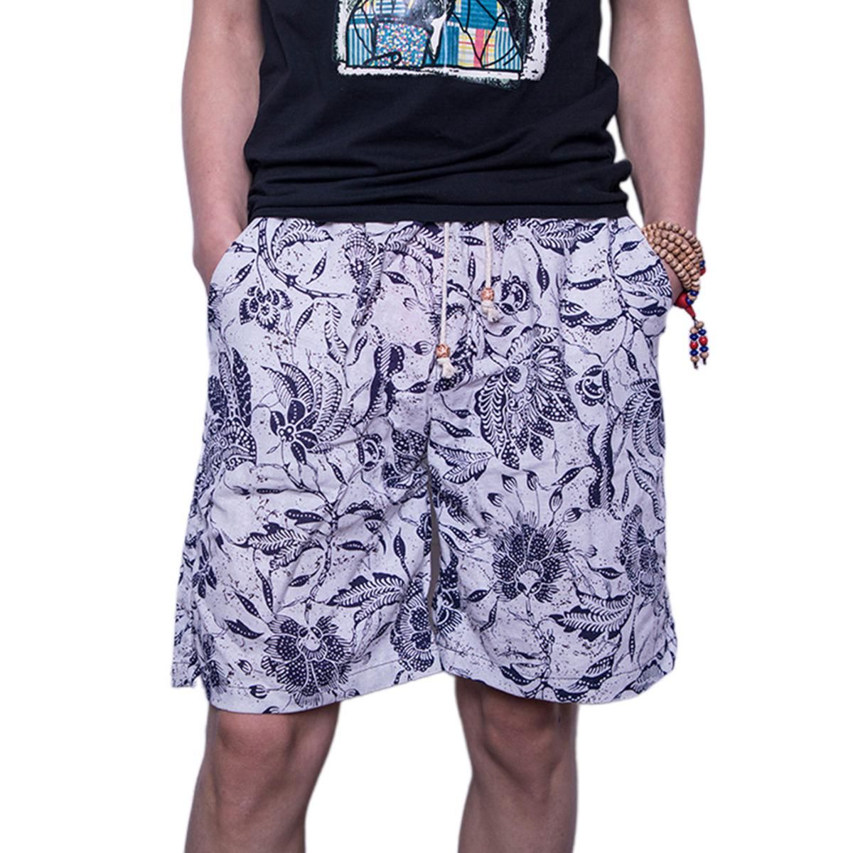 Men Summer Beach Shorts Cotton Linen Elastic Waist Drawstring Plus Size M-4XL