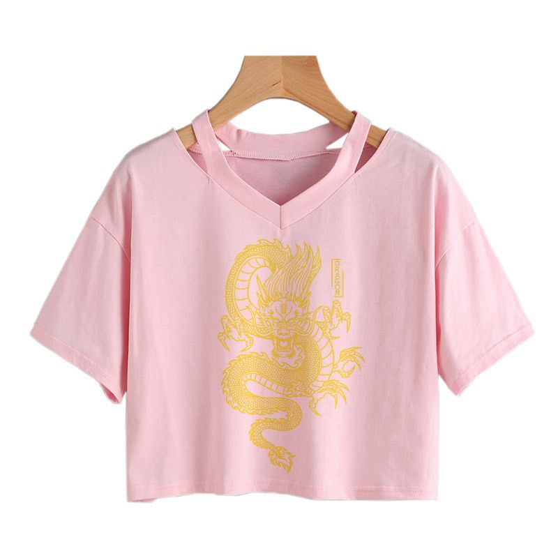 Streetwear Crop Tops Women's T-shirt Ulzzang Harajuku Vintage Chinese dragon print Tee V-neck  Short sleeve Anime Gothic Top