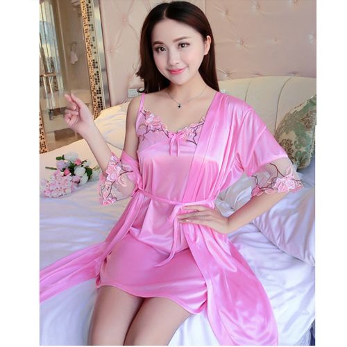 Women Nighty Women Summer Ice Silk Sleepshirts Thin Sexy Sling Mini Dress Short-sleeved Robe Two-piece Home Service Imitation Silk Nightdress