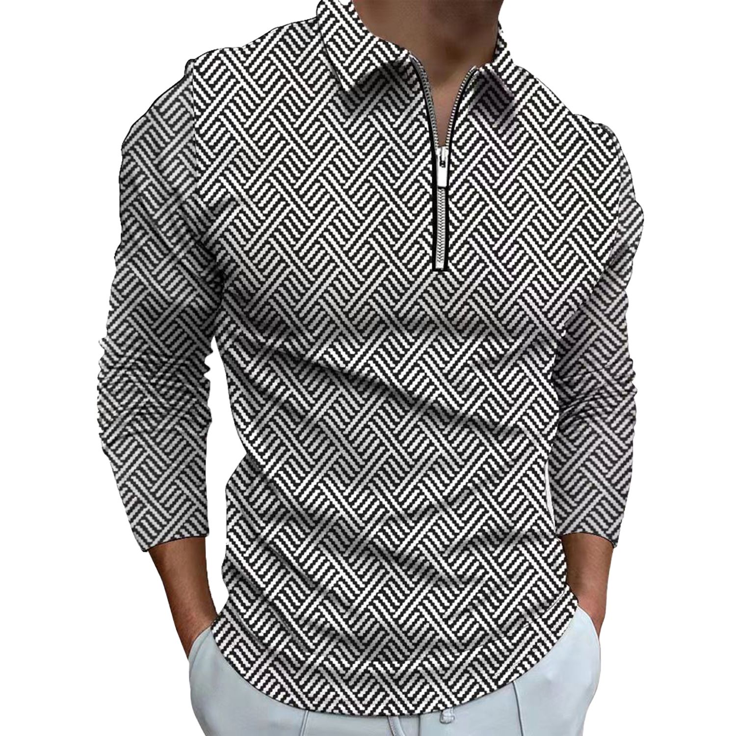 Pullover Shirt Front Pocket Retro Print Turn-Down Collar Male Shirt
