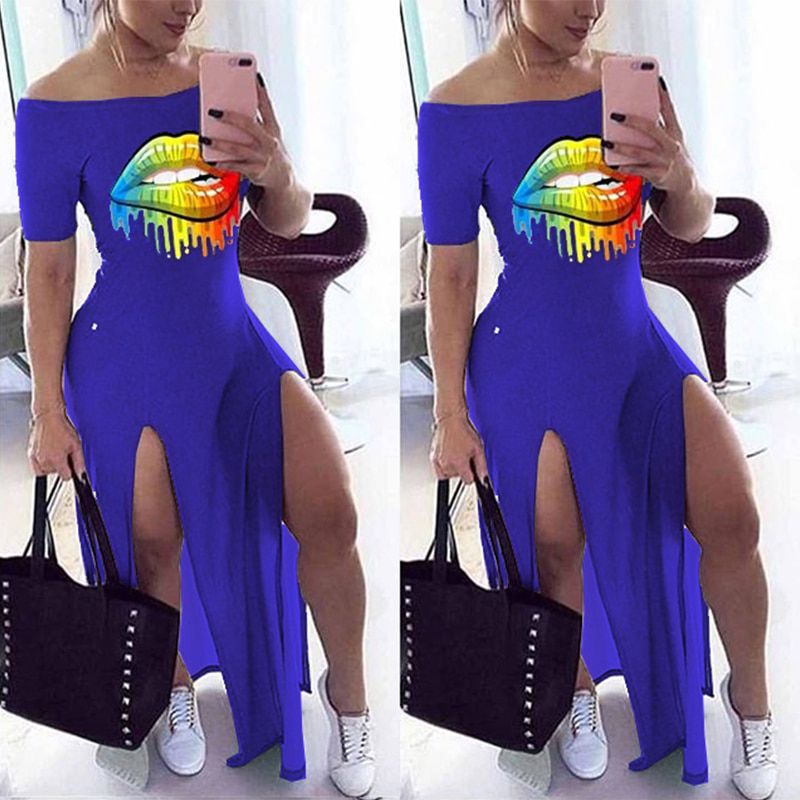Sexy Lip Print Off TShoulder Slash Neck Y2k Maxi Dress Women Short Sleeve Bodycon Large Size Elegant Dresses 2020 Winter