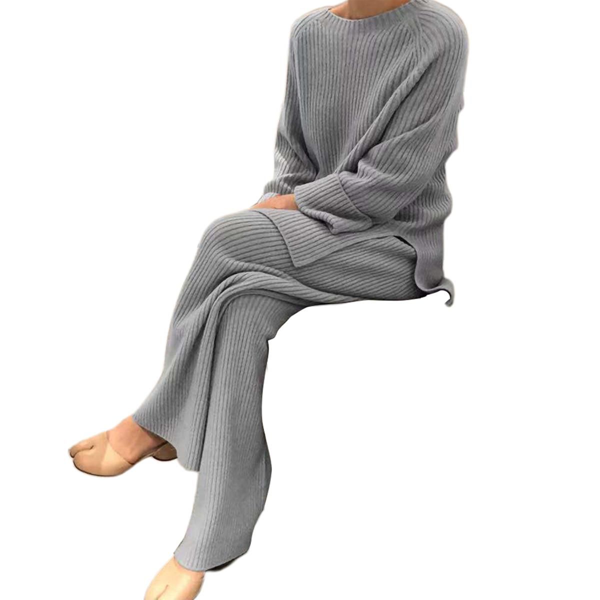 Women Outfit Striped Texture Loose Split Pullover Trousers