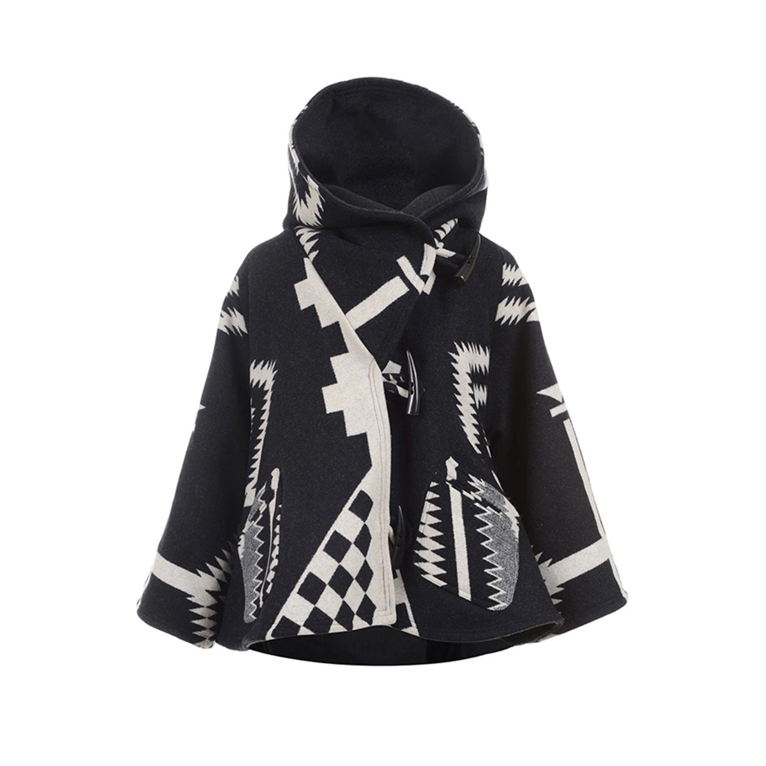 New Long Sleeve Hoodie, Printed Woolen Overcoat with Horn Buckles, Pocket and Scarves for Winter and Lat