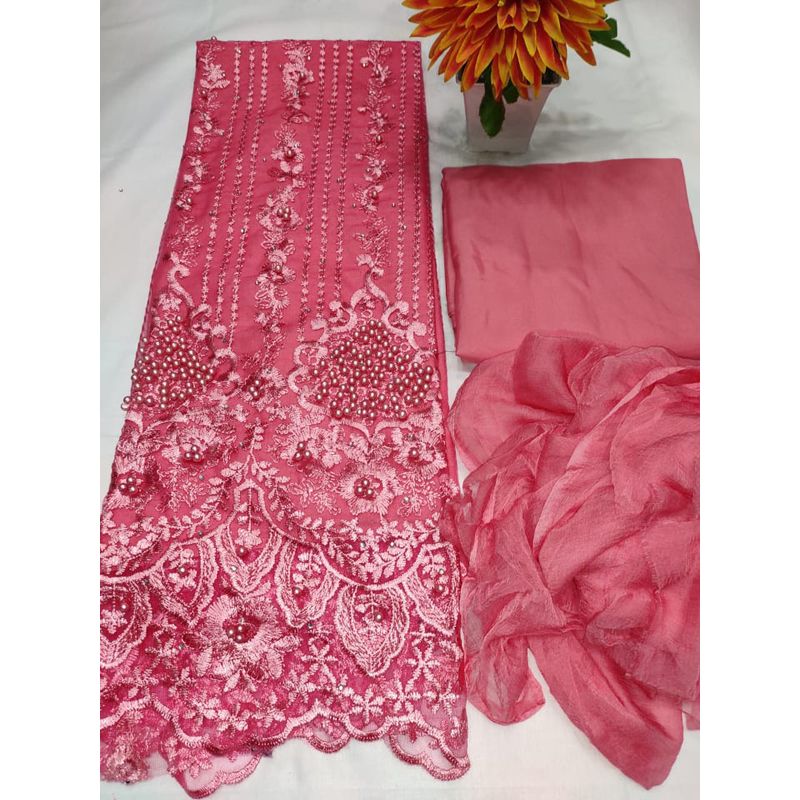 ইন্ডিয়ান কুসিয়ানা নেট ফেব্রিক্স আনস্টিচড জর্জেট/জর্জেট সালোয়ার কামিজ থ্রি পিস পার্টির পোশাক {3 পিস}