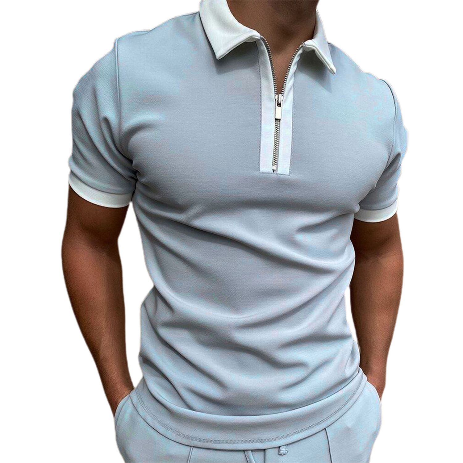 Men Shirt Color Matching Short Sleeves Lightweight Summer Zipper Male Tops for Work