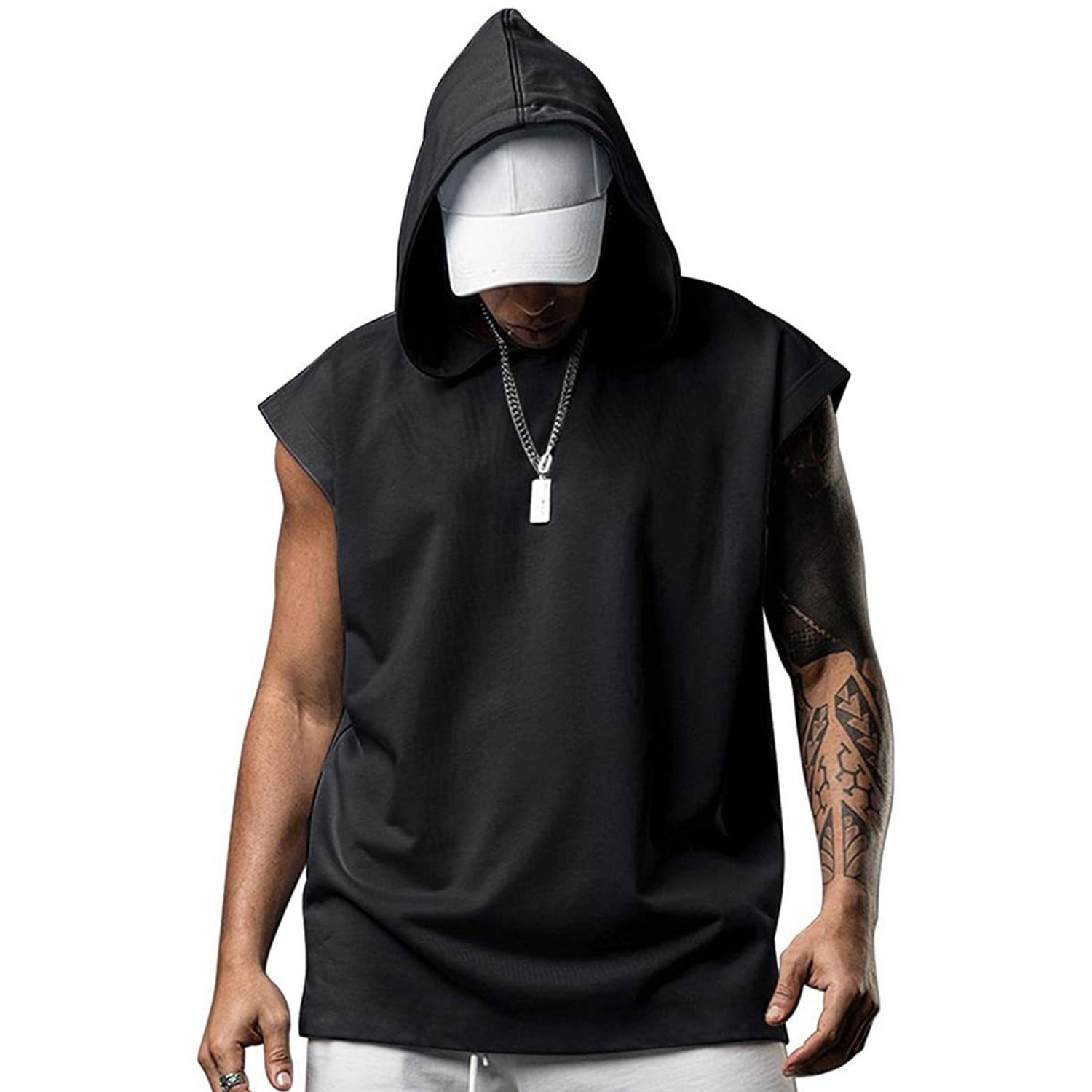 Men T-shirt Hooded Solid Color Summer Loose Sleeveless Vest for Party