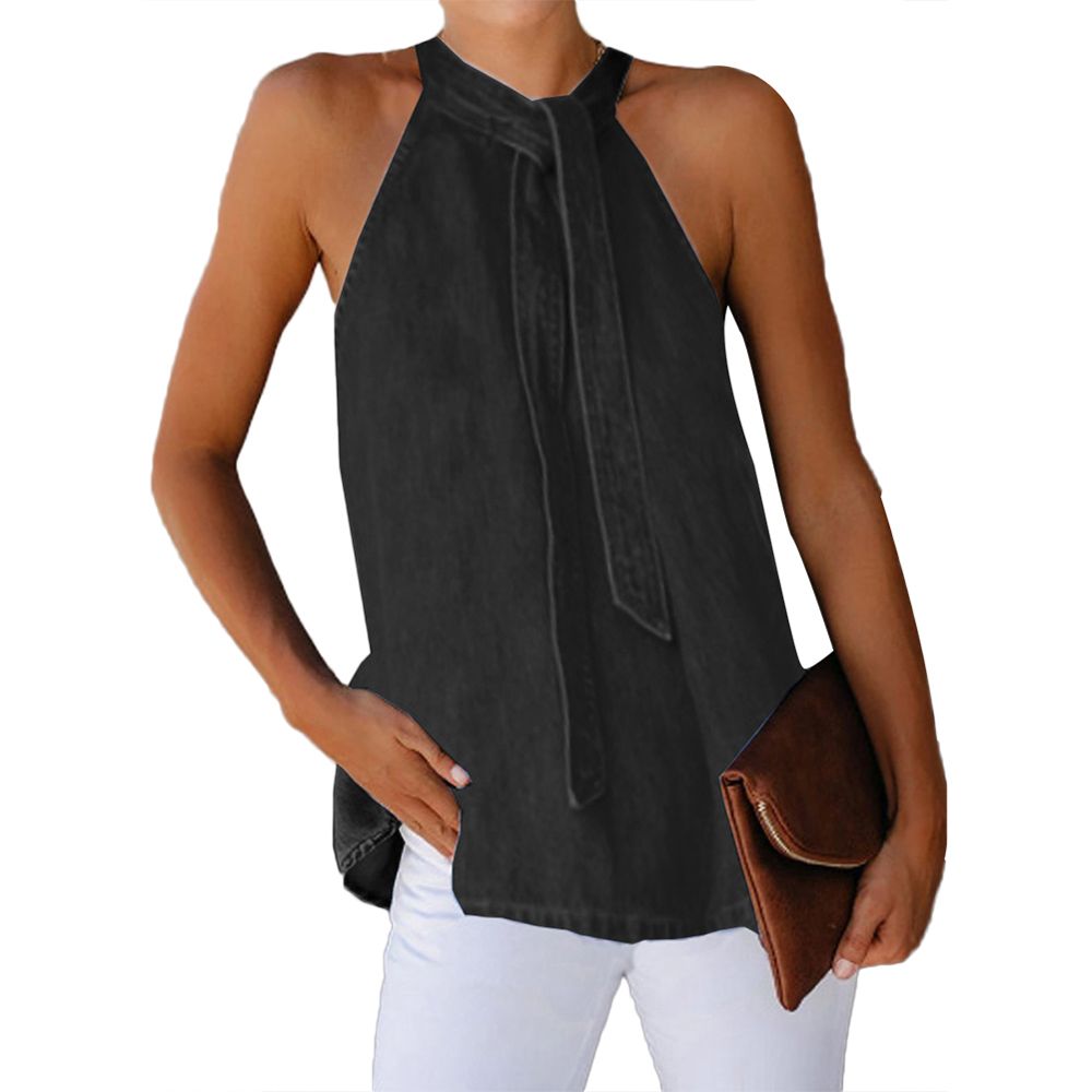 Women Vest Sleeveless Back Button Neck Bandage Halter Blouse Top