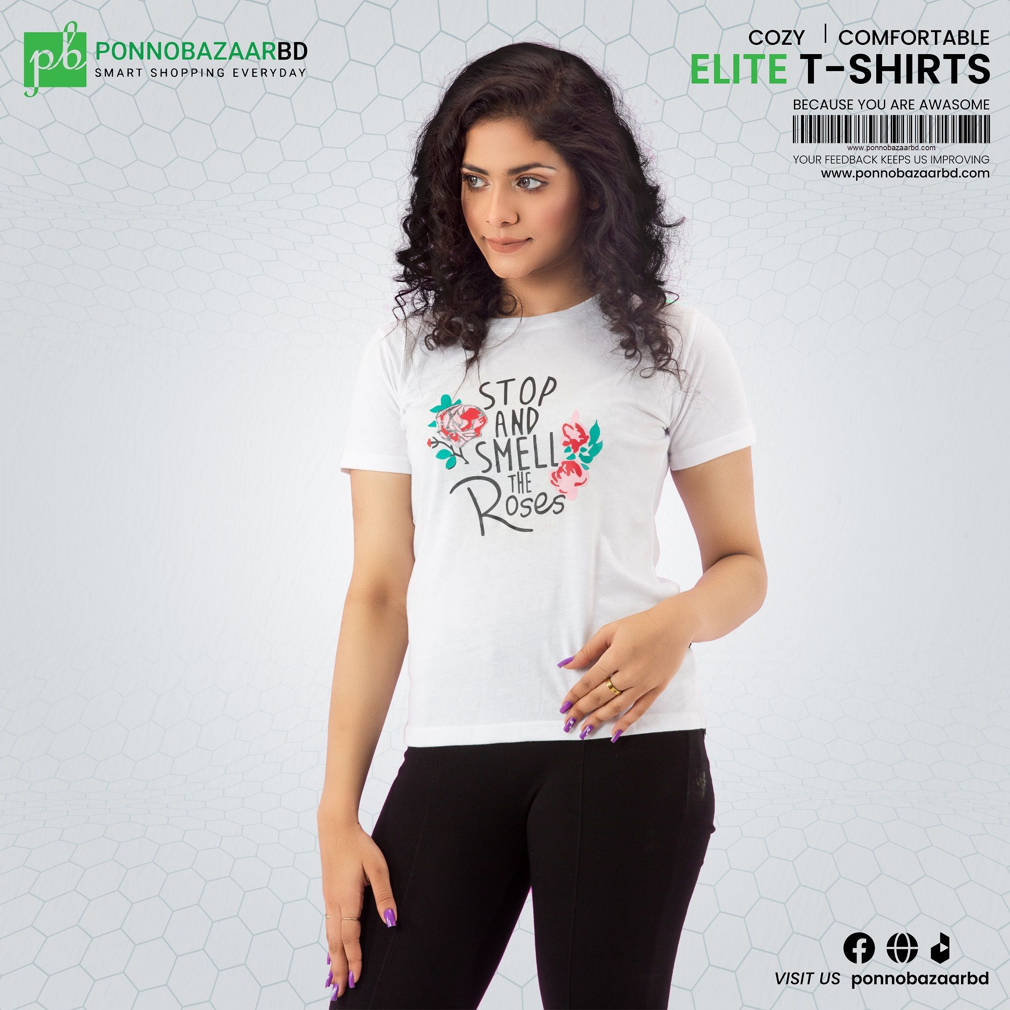 Women's Fashionale Printed Stop And Smell the Roses T shirt Collection By PONNO BAZAAR